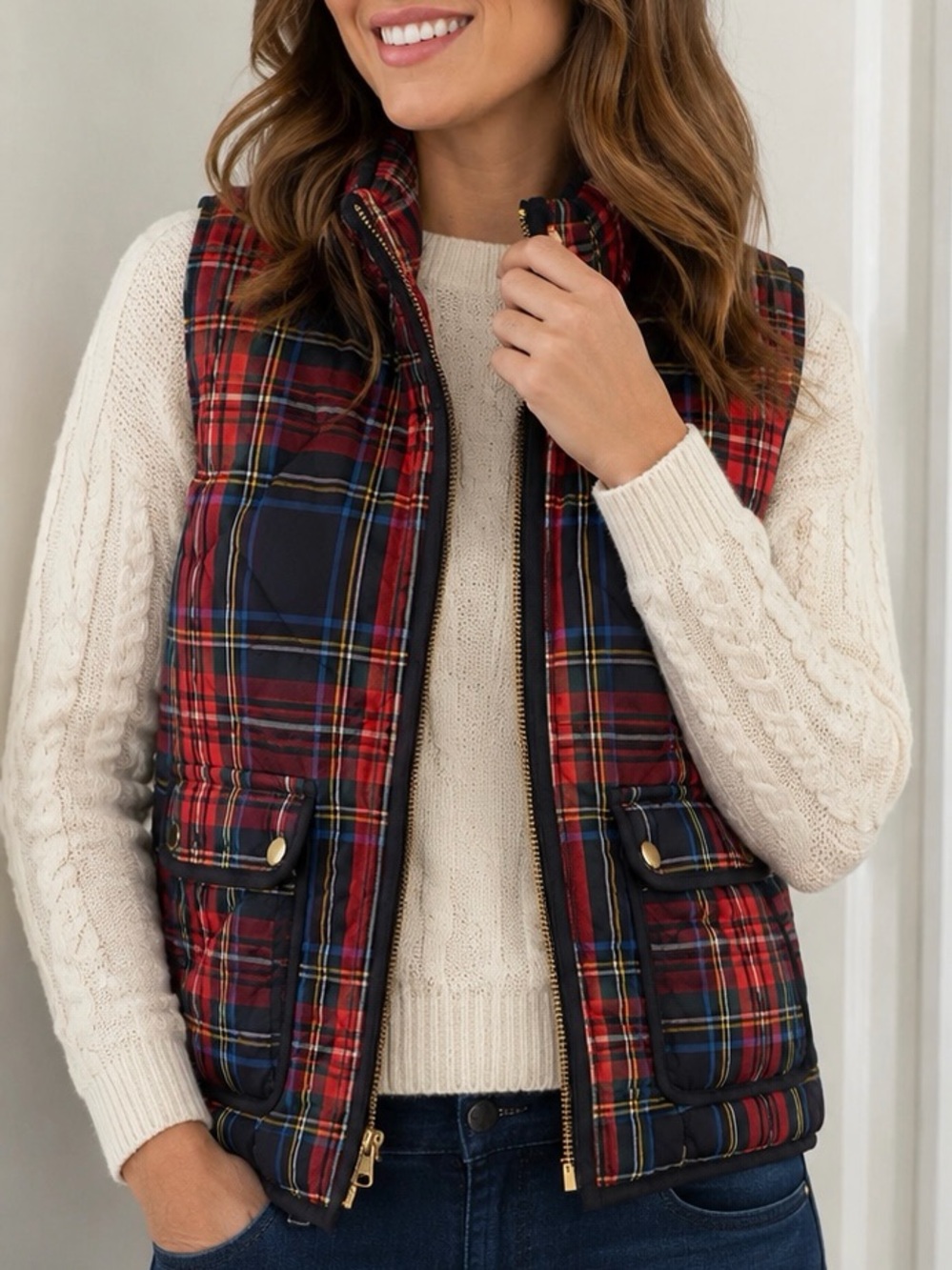 J.Crew Red Plaid Quilted Puffer Vest Gold Zip Women’s M